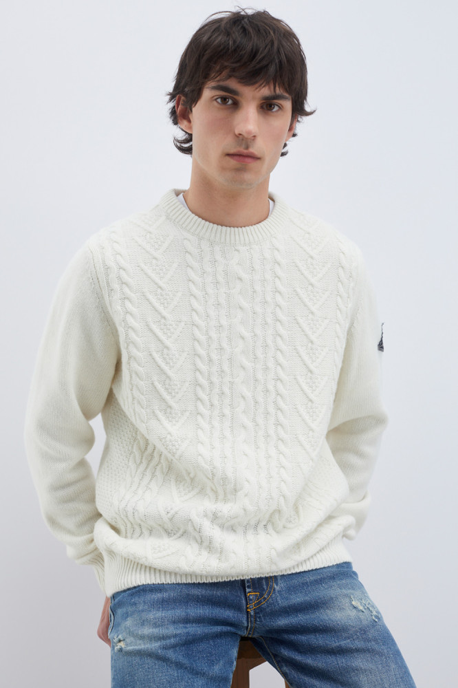 CREW NECK SWEATER IN FISHERMAN RIB CASHMERE AND WOOL